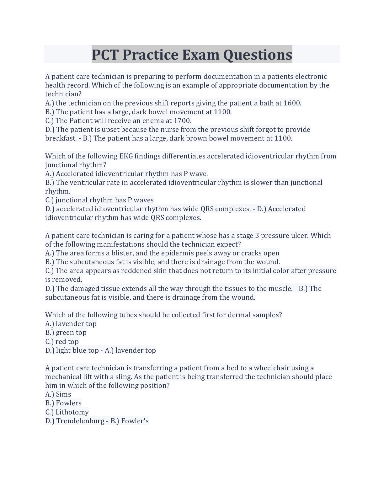 Preview image for PCT Practice Exam Questions And Answers